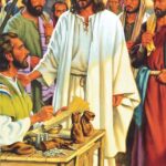 Jesus calls Matthew from his tax table.