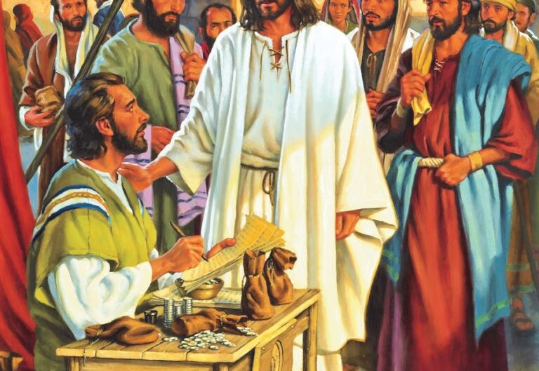 Jesus calls Matthew from his tax table.